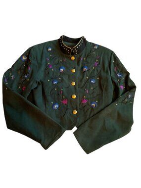 Vtg Silver Mesa Cropped Floral Embroidered Western Jacket Green USA Made Womens